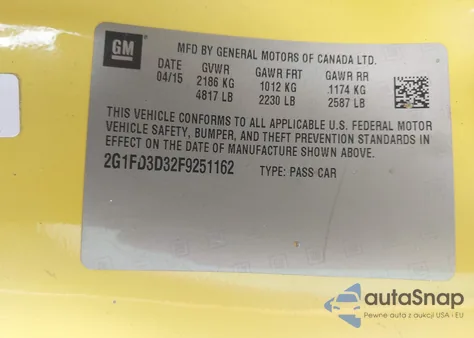 2015 Chevrolet Camaro 1Lt из США, поврежденный, VIN 2G1FD3D32F9251162